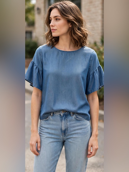 LOFT Tops - LOFT Blue Chambray Ruffle-Sleeve Tunic